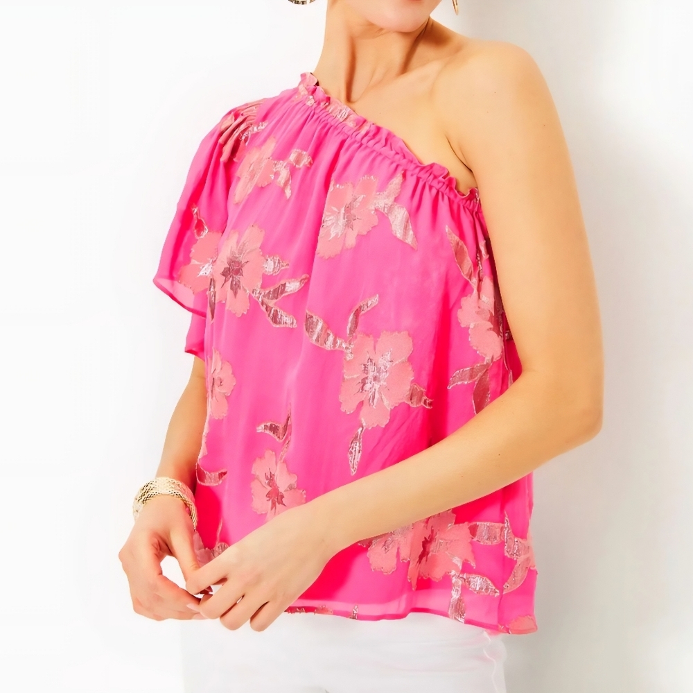 Lilly Pulitzer Sarahleigh One Shoulde Silk Top Blouse, Pink, Feminine, - Picture 1 of 11